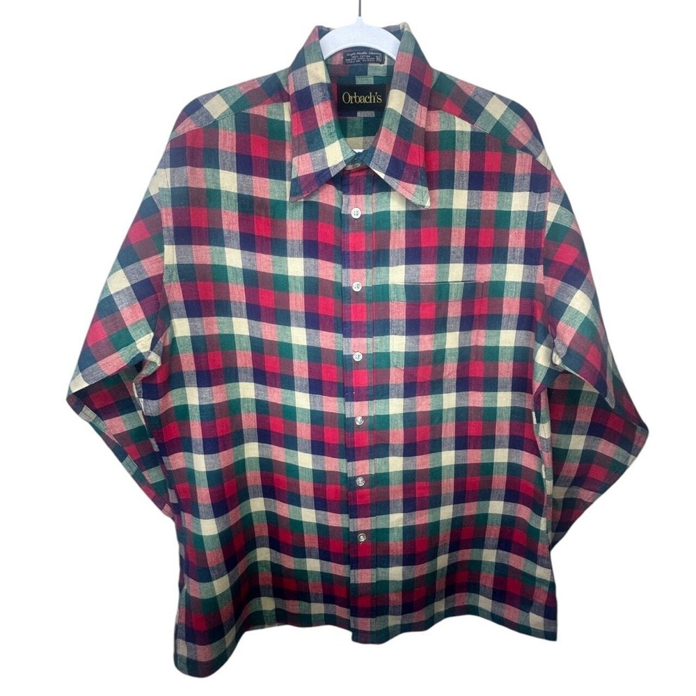 Orbachs Plaid Flannel Long Sleeve Button Up Shirt Men XL Red Green Blue Cream